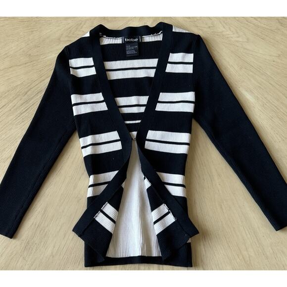 BEBE Silk Blend cardigan Sweater Ribbed Striped Office Siren Sexy Corpcore Y2K S - Picture 1 of 10